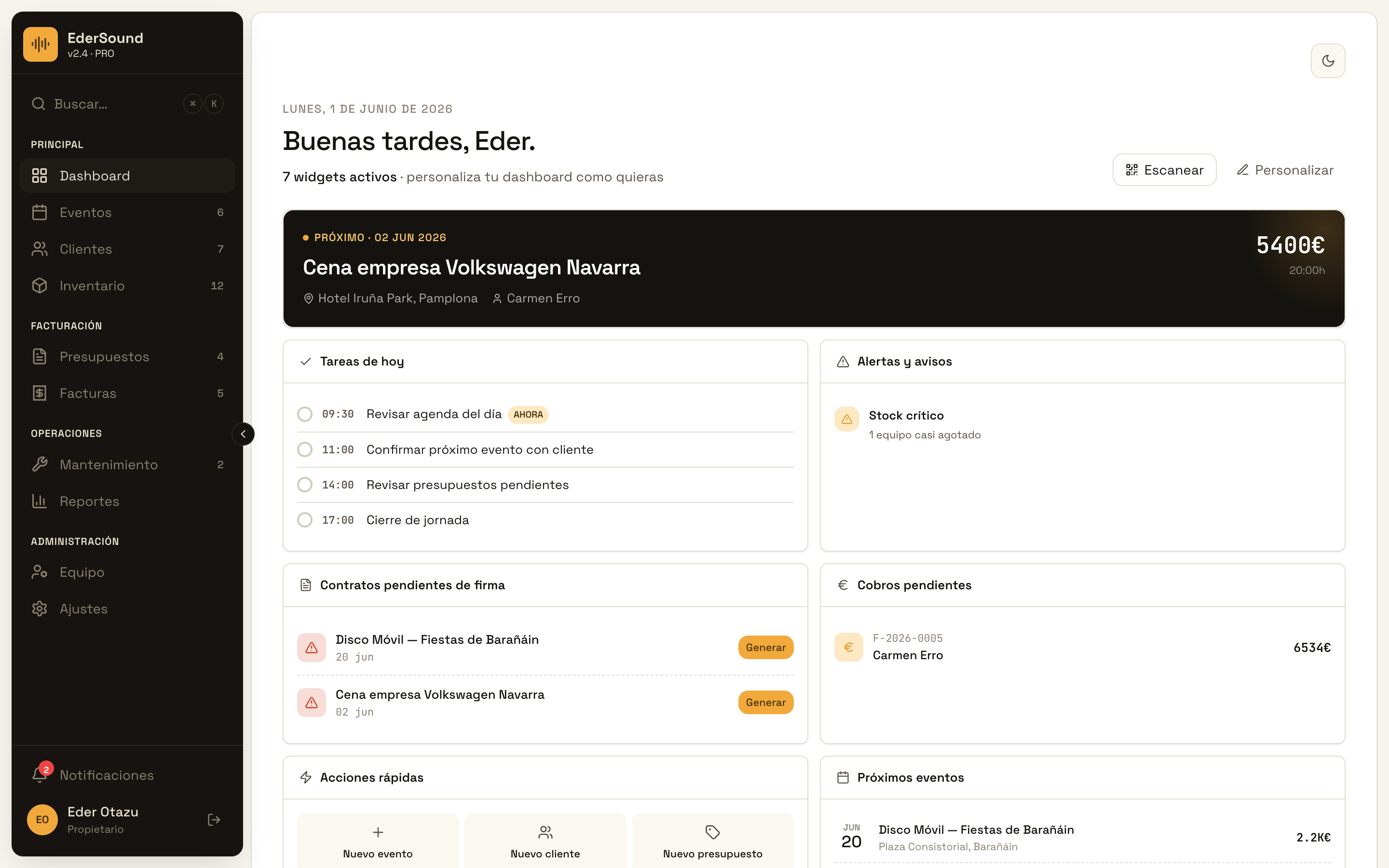 Panel de control de Gestyou con eventos, tareas y cobros